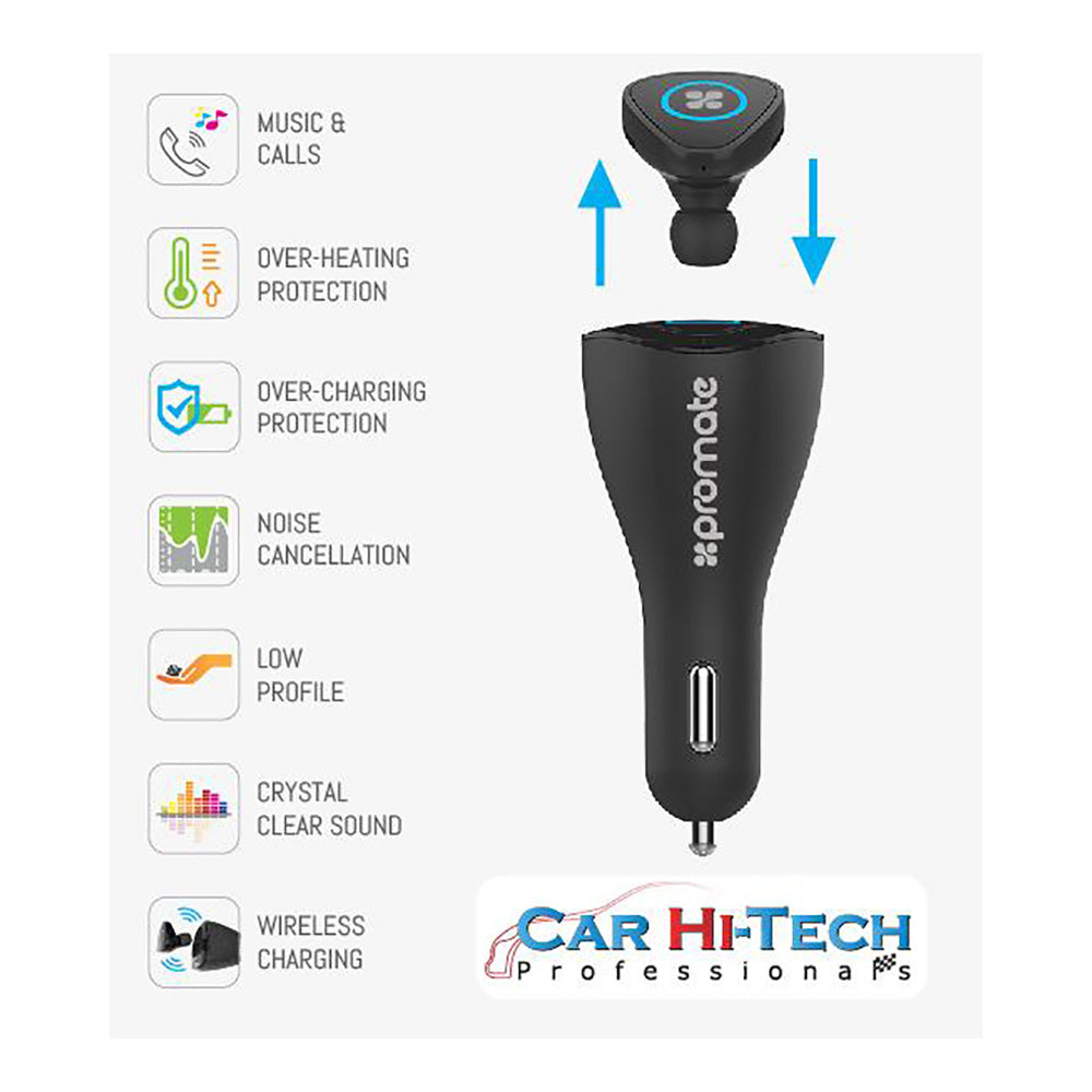 Promate Aria Bluetooth Headset with Wireless Charging and USB 2A Car Charger (4610578808932) Promate Aria Bluetooth Headset with Wireless Charging and USB 2A Car Charger (4610578808932)